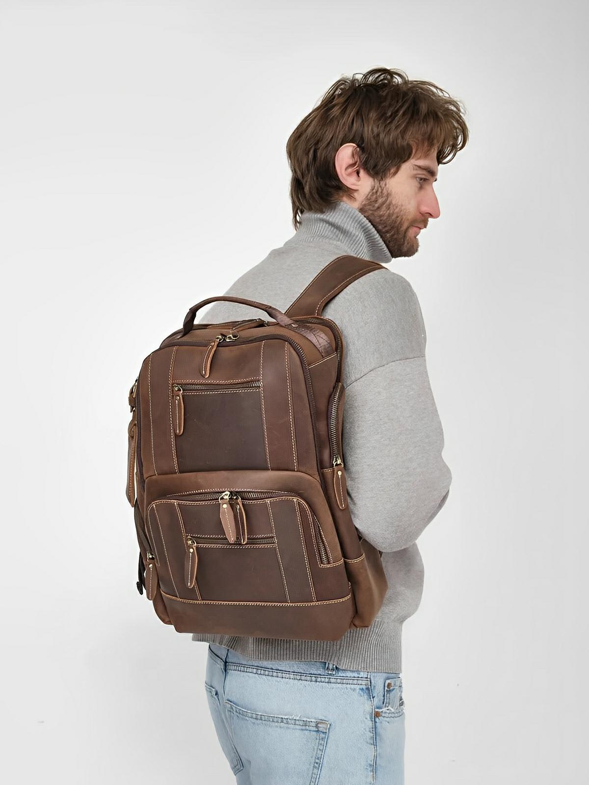 Sac à dos en cuir véritable au style vintage, à grande capacité, adapté au voyage, modèle Wilfrid - Sac à dos - Marron