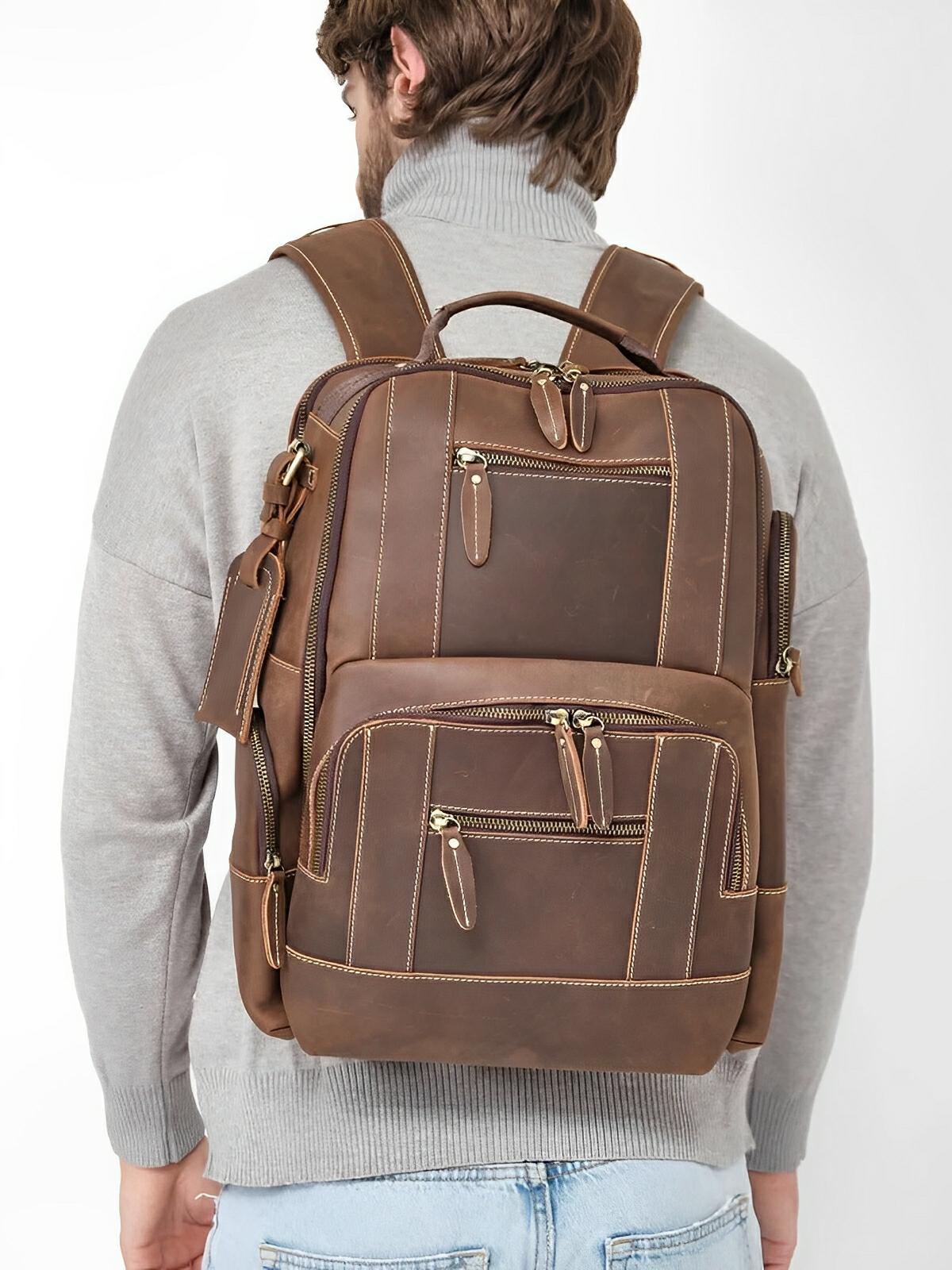 Sac à dos en cuir véritable au style vintage, à grande capacité, adapté au voyage, modèle Wilfrid - Sac à dos - Marron