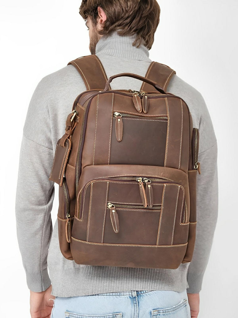 Sac à dos en cuir véritable au style vintage, à grande capacité, adapté au voyage, modèle Wilfrid - Sac à dos - Marron
