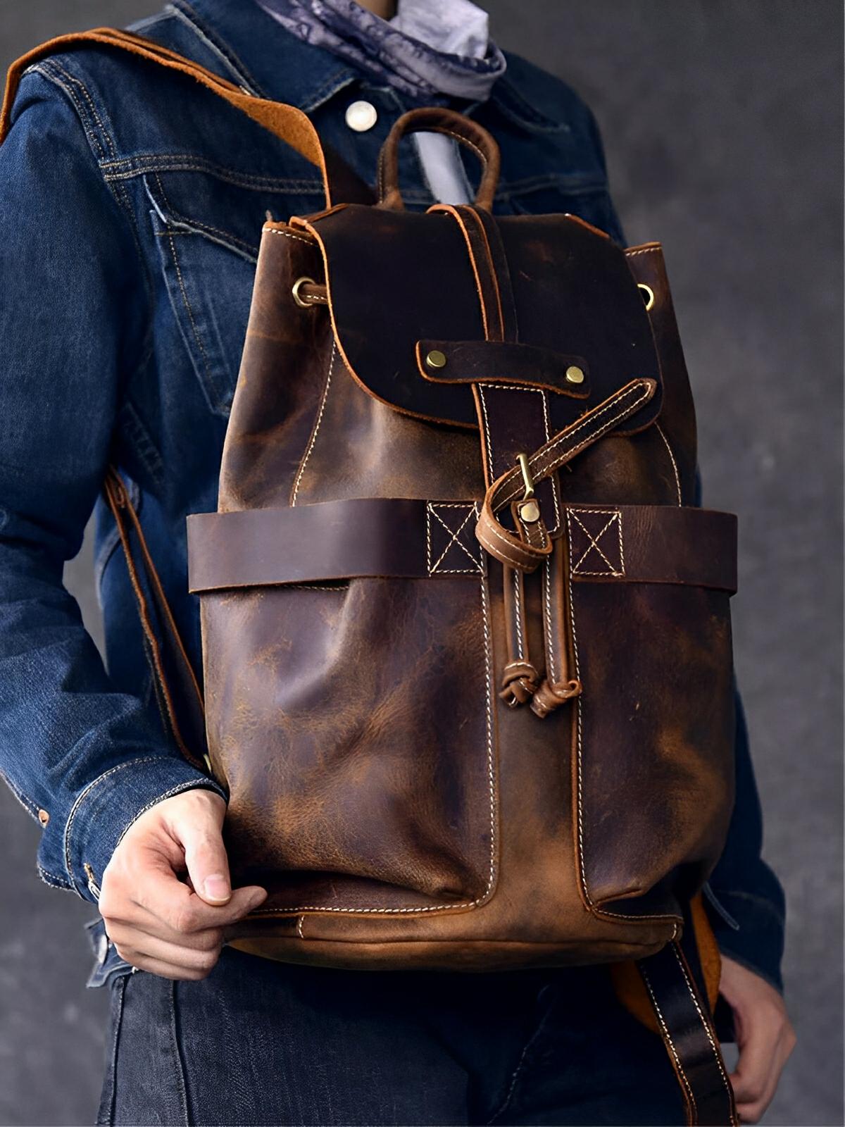 Sac à dos en cuir, vintage, baroudeur urbain, modèle Eudes - Sac à dos - Café