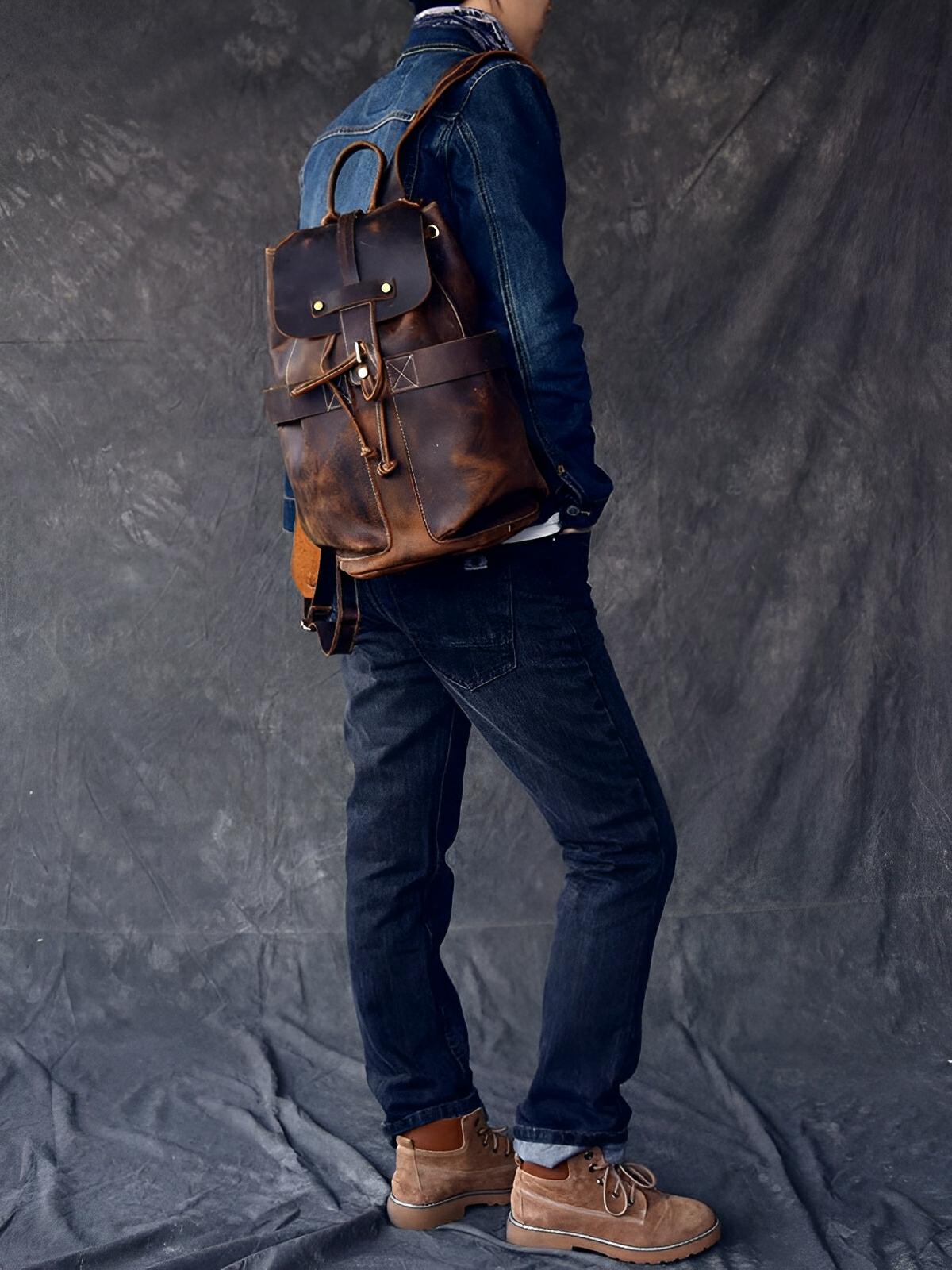 Sac à dos en cuir, vintage, baroudeur urbain, modèle Eudes - Sac à dos - Café