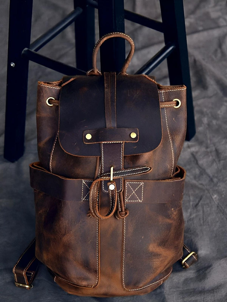 Sac à dos en cuir, vintage, baroudeur urbain, modèle Eudes - Sac à dos - Café