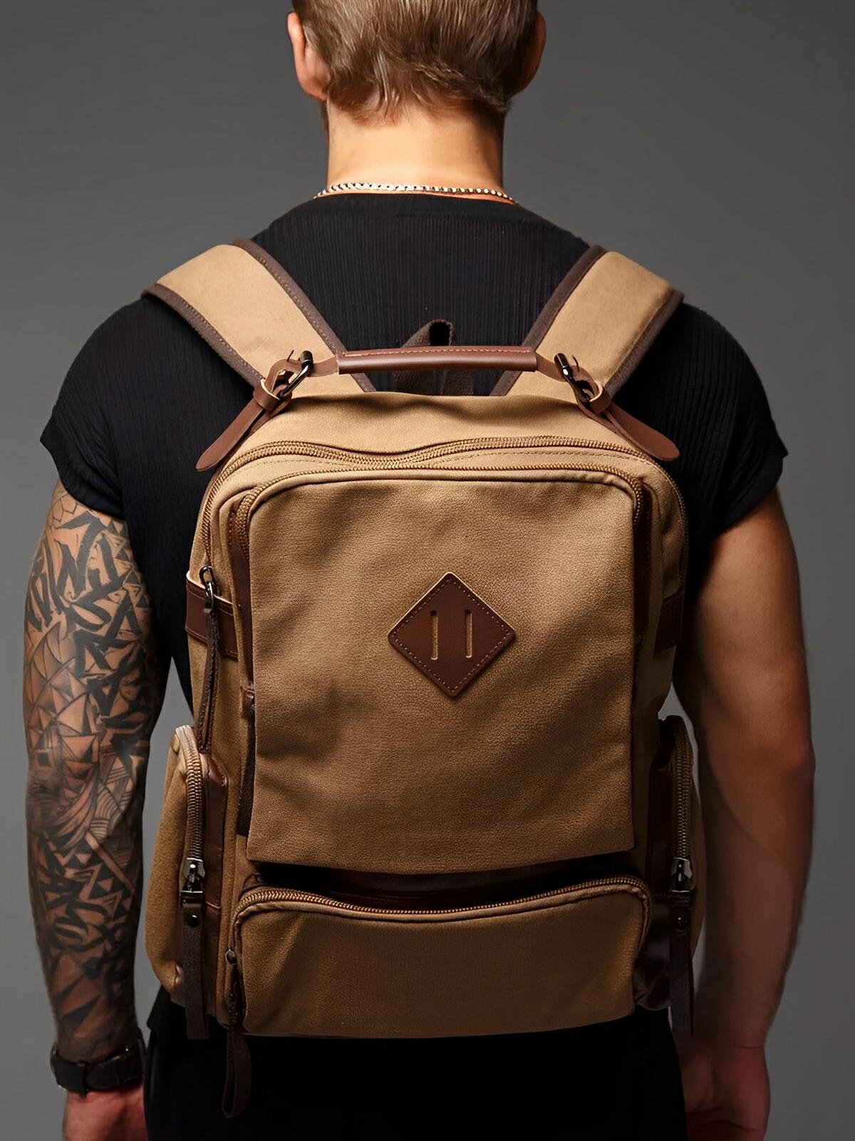 Sac à dos en toile, à grande capacité, multi - poches, urbain et idéal pour le transport, modèle Bastien - Sac à dos - Marron