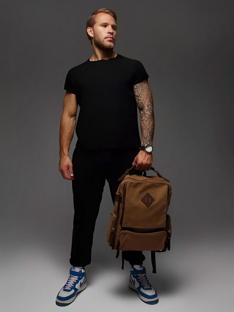 Sac à dos en toile, à grande capacité, multi - poches, urbain et idéal pour le transport, modèle Bastien - Sac à dos - Marron