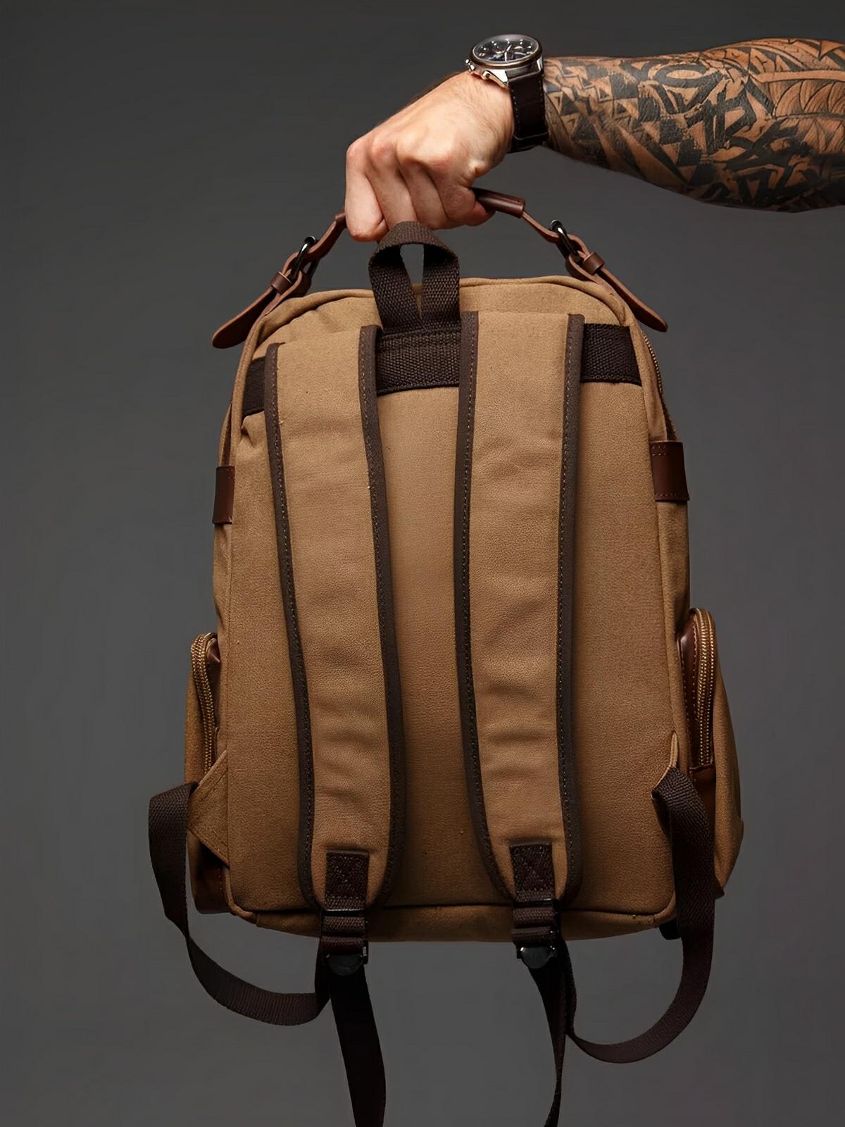 Sac à dos en toile, à grande capacité, multi - poches, urbain et idéal pour le transport, modèle Bastien - Sac à dos - Marron