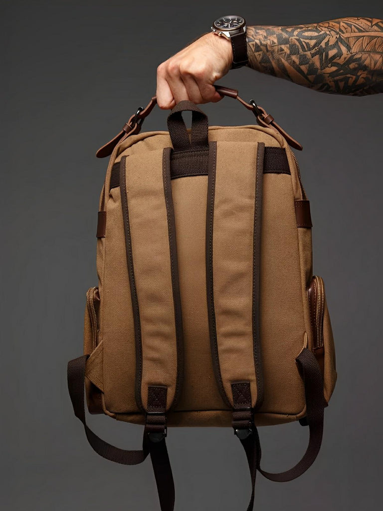 Sac à dos en toile, à grande capacité, multi - poches, urbain et idéal pour le transport, modèle Bastien - Sac à dos - Marron