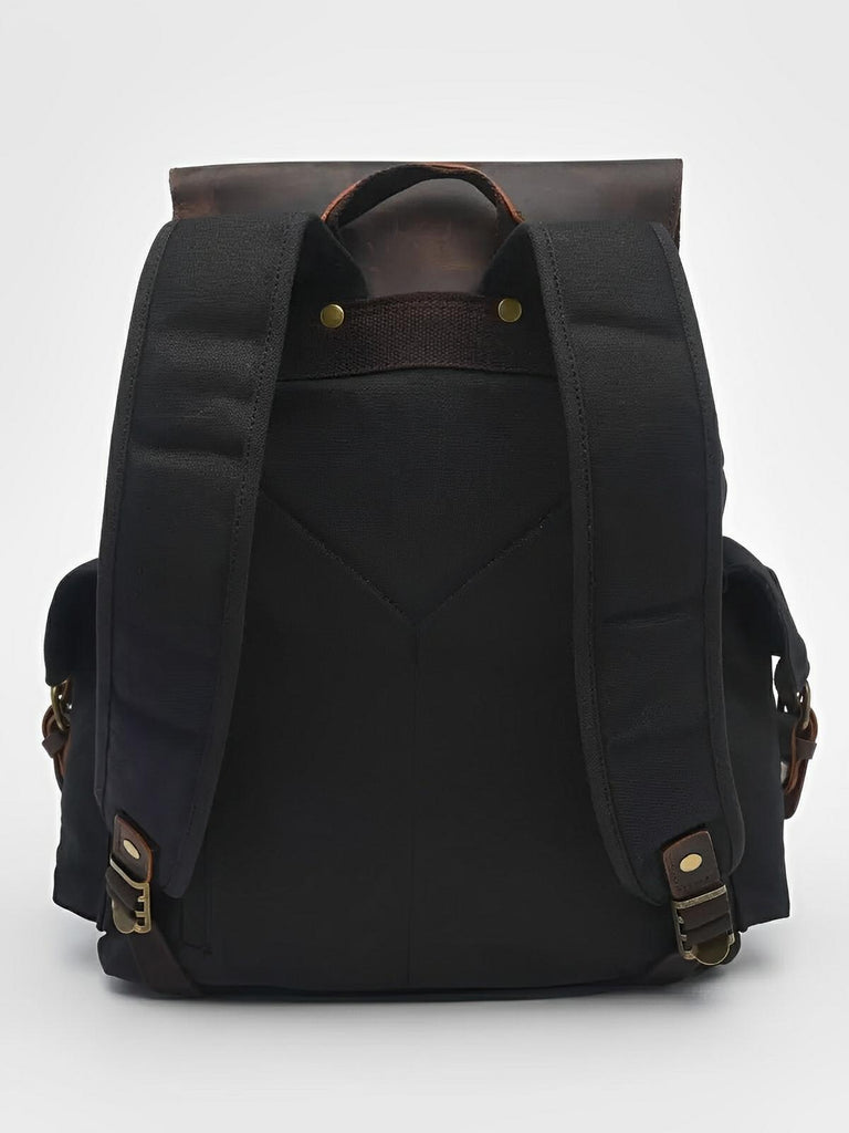 Sac à dos en toile cirée et cuir à grande capacité, imperméable et pratique, modèle Médéric - Sac à dos - Noir