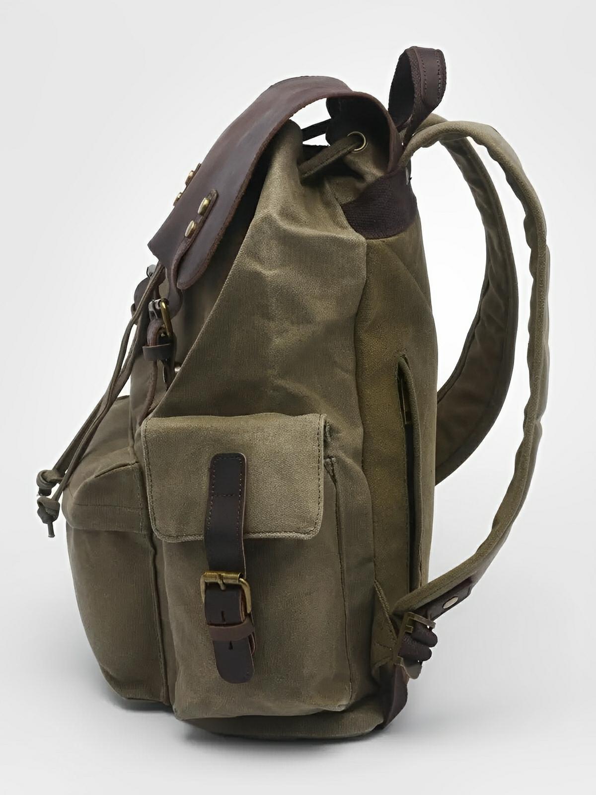 Sac à dos en toile cirée et cuir à grande capacité, imperméable et pratique, modèle Médéric - Sac à dos - Kaki