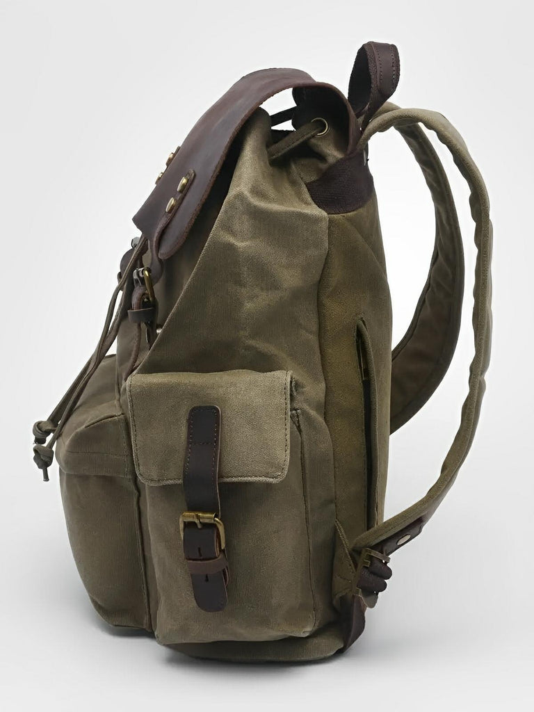Sac à dos en toile cirée et cuir à grande capacité, imperméable et pratique, modèle Médéric - Sac à dos - Kaki