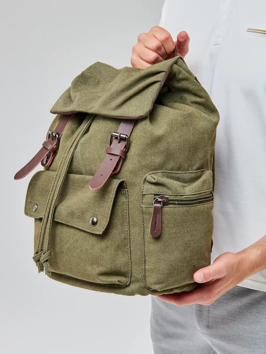 Sac à dos en toile, multi - compartiments, au style vintage, modèle Domitien - Sac à dos - Kaki