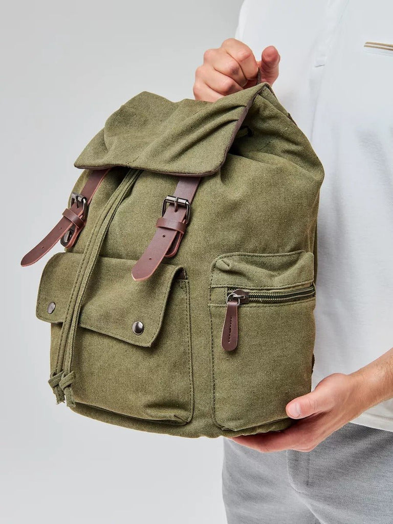 Sac à dos en toile, multi - compartiments, au style vintage, modèle Domitien - Sac à dos - Kaki