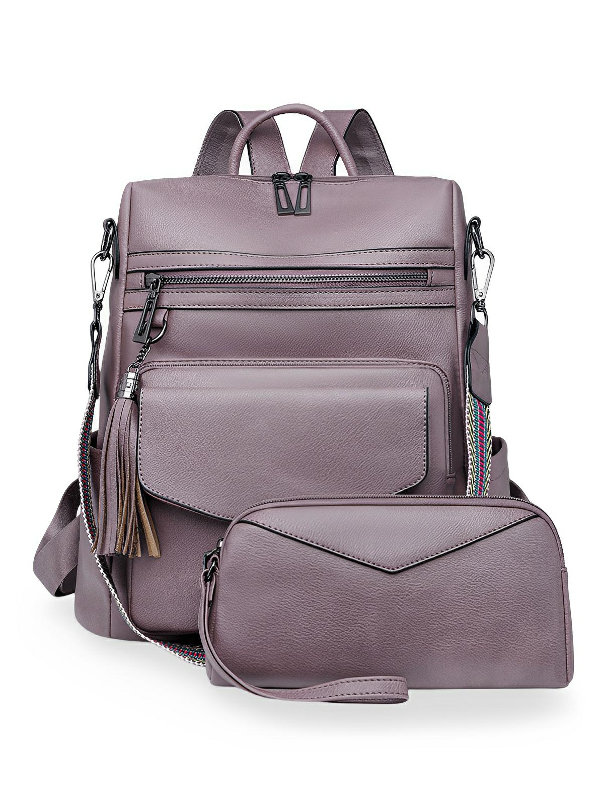 Sac à dos femme en simili vegan avec pochette, bicolore, grande capacité, détails franges, design urbain chic, modèle Lannah - Sac à dos - Mauve