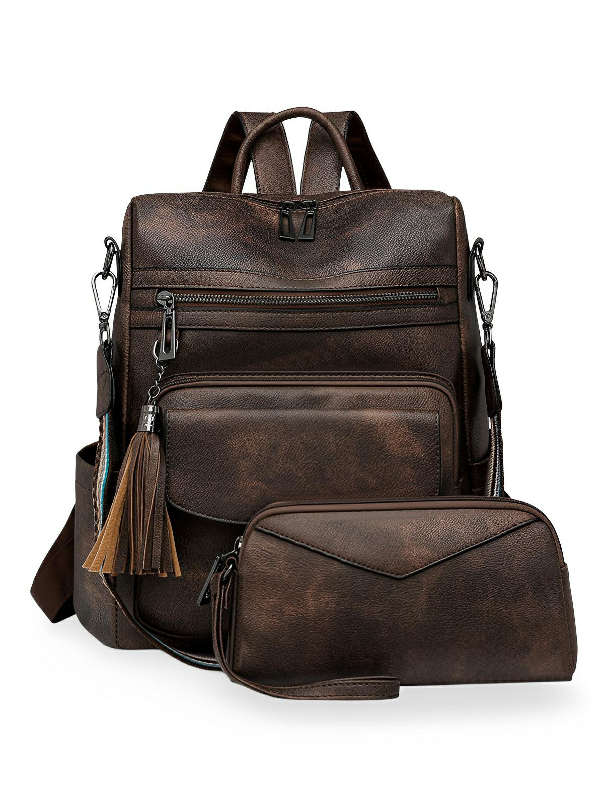 Sac à dos femme en simili vegan avec pochette, bicolore, grande capacité, détails franges, design urbain chic, modèle Lannah - Sac à dos - Café