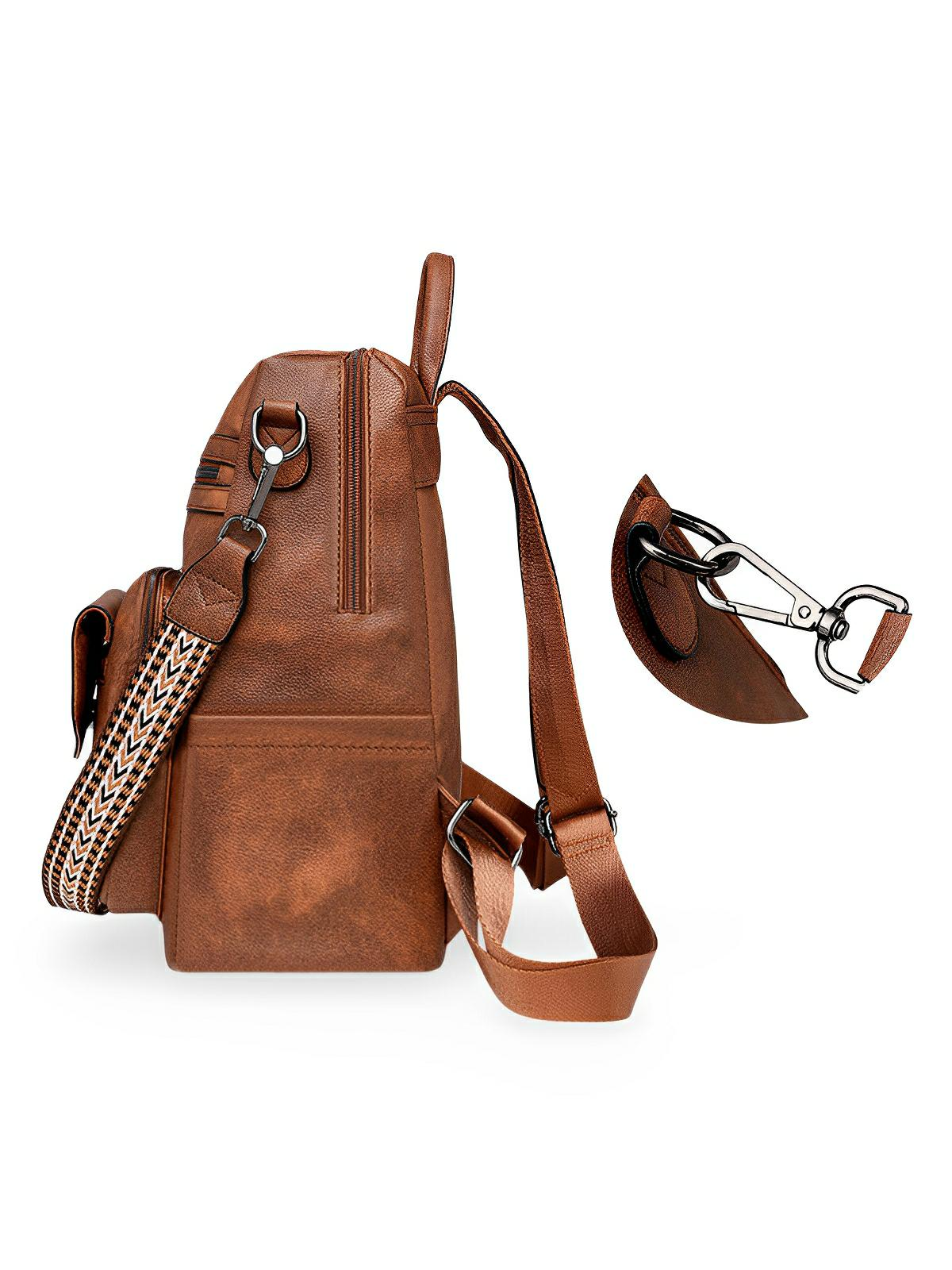 Sac à dos femme en simili vegan avec pochette, bicolore, grande capacité, détails franges, design urbain chic, modèle Lannah - Sac à dos - Marron