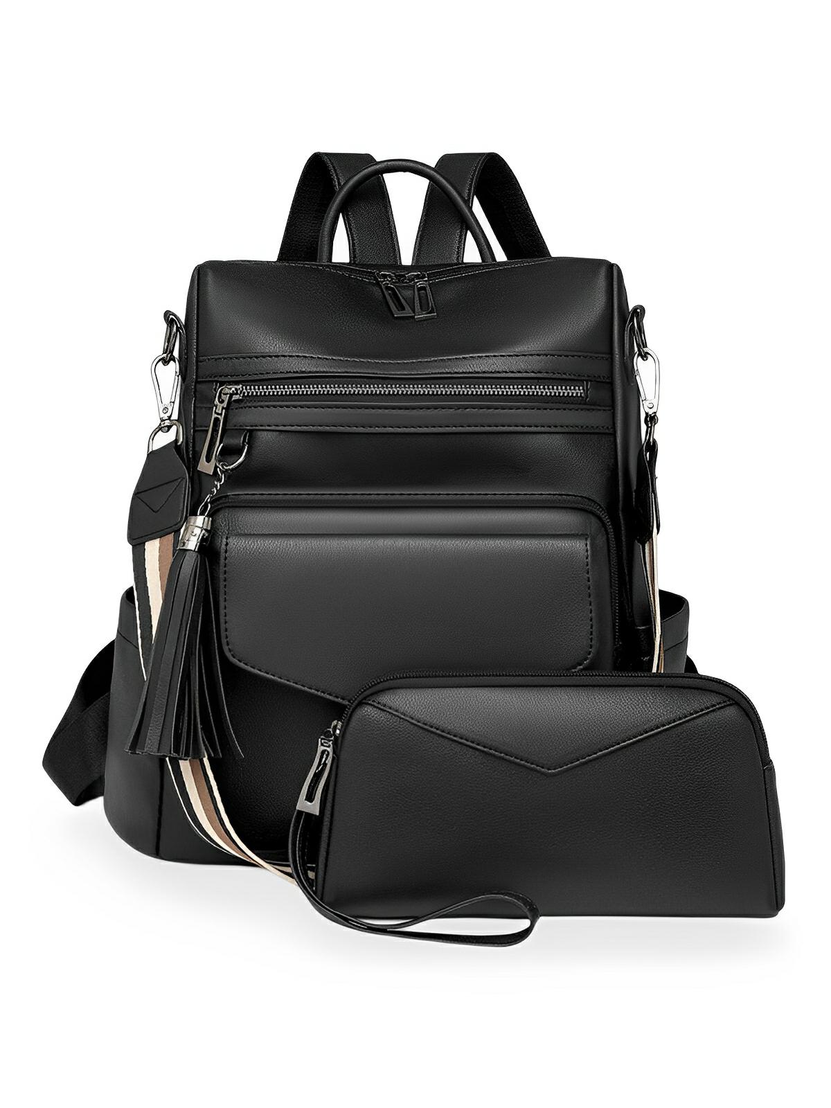 Sac à dos femme en simili vegan avec pochette, bicolore, grande capacité, détails franges, design urbain chic, modèle Lannah - Sac à dos - Noir