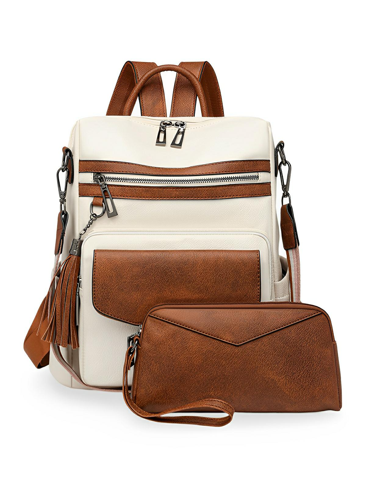 Sac à dos femme en simili vegan avec pochette, bicolore, grande capacité, détails franges, design urbain chic, modèle Lannah - Sac à dos - Blanc et marron