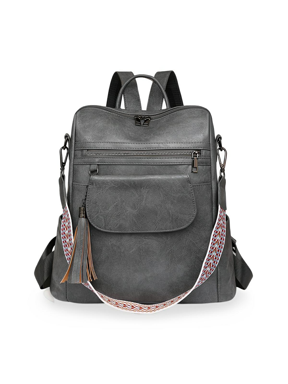 Sac à dos femme en simili vegan, grande capacité, style vintage, convertible en sac à bandoulière, avec poches multiples, modèle Laura - Sac à dos - Gris