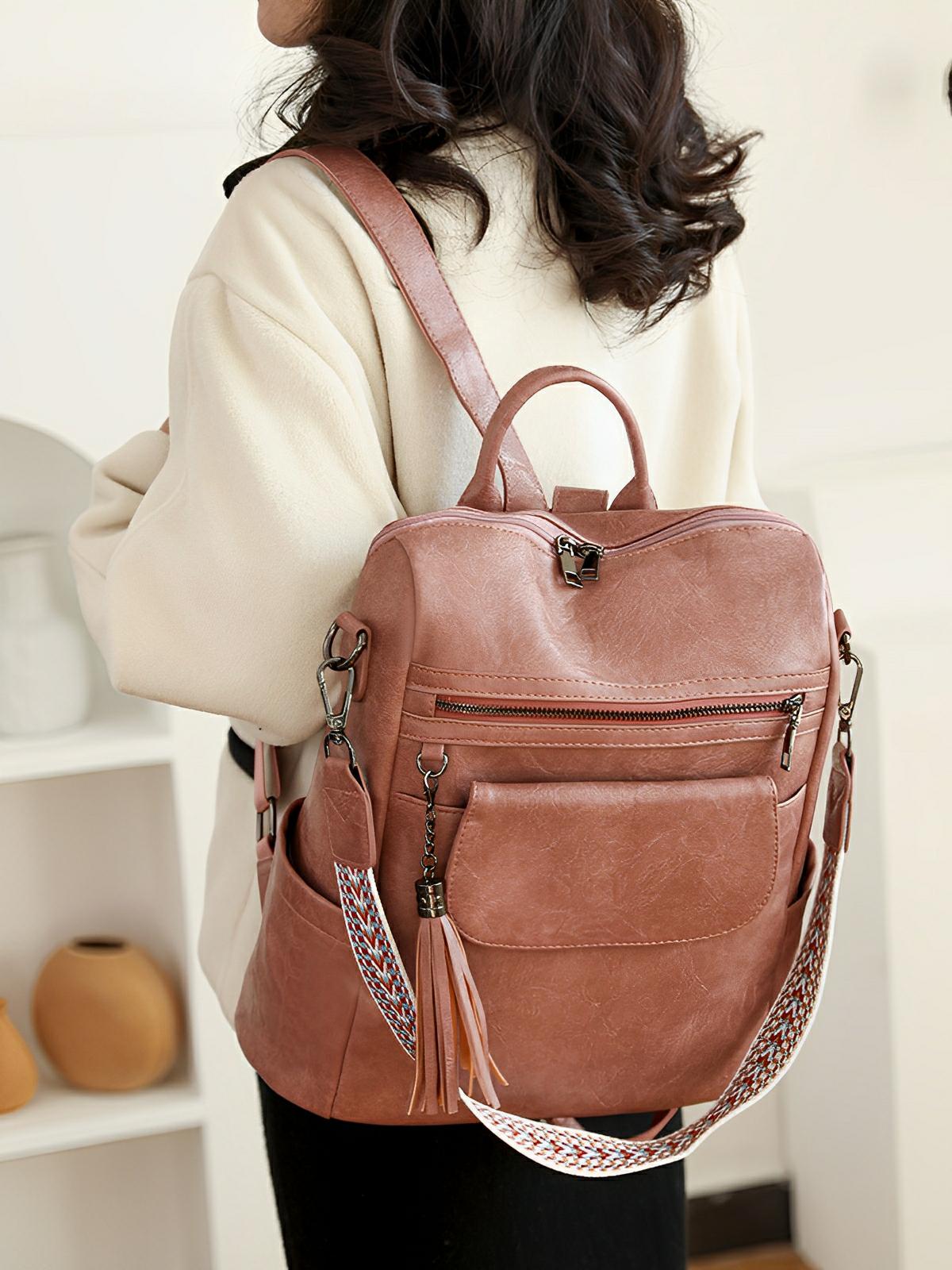Sac à dos femme en simili vegan, grande capacité, style vintage, convertible en sac à bandoulière, avec poches multiples, modèle Laura - Sac à dos - Rose