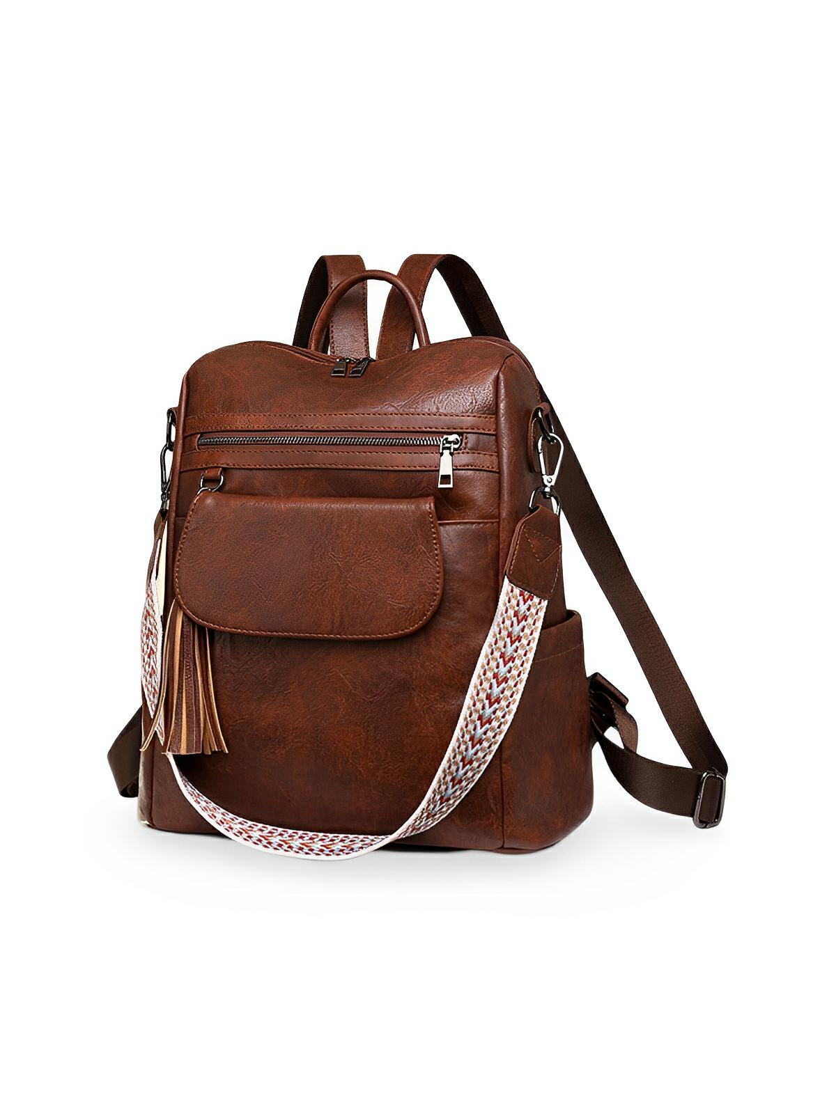 Sac à dos femme en simili vegan, grande capacité, style vintage, convertible en sac à bandoulière, avec poches multiples, modèle Laura - Sac à dos - Marron