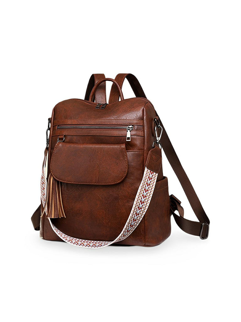Sac à dos femme en simili vegan, grande capacité, style vintage, convertible en sac à bandoulière, avec poches multiples, modèle Laura - Sac à dos - Marron