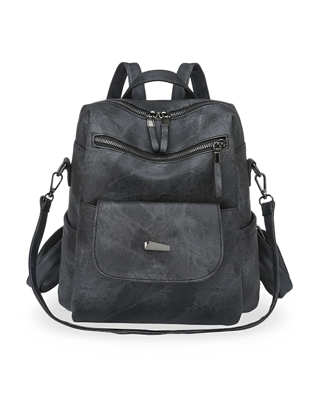 Sac à dos femme, grand format, simili vegan effet vieilli, sac convertible, multi - poches, casual chic, modèle Laurie - Sac à dos - Noir