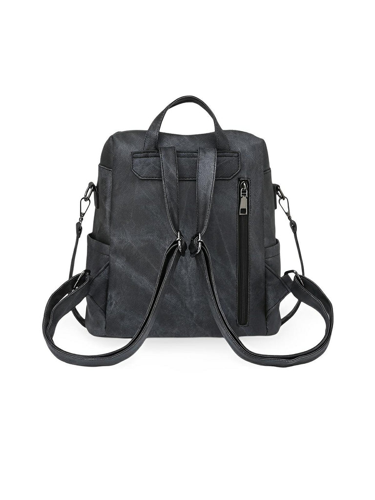 Sac à dos femme, grand format, simili vegan effet vieilli, sac convertible, multi - poches, casual chic, modèle Laurie - Sac à dos - Noir