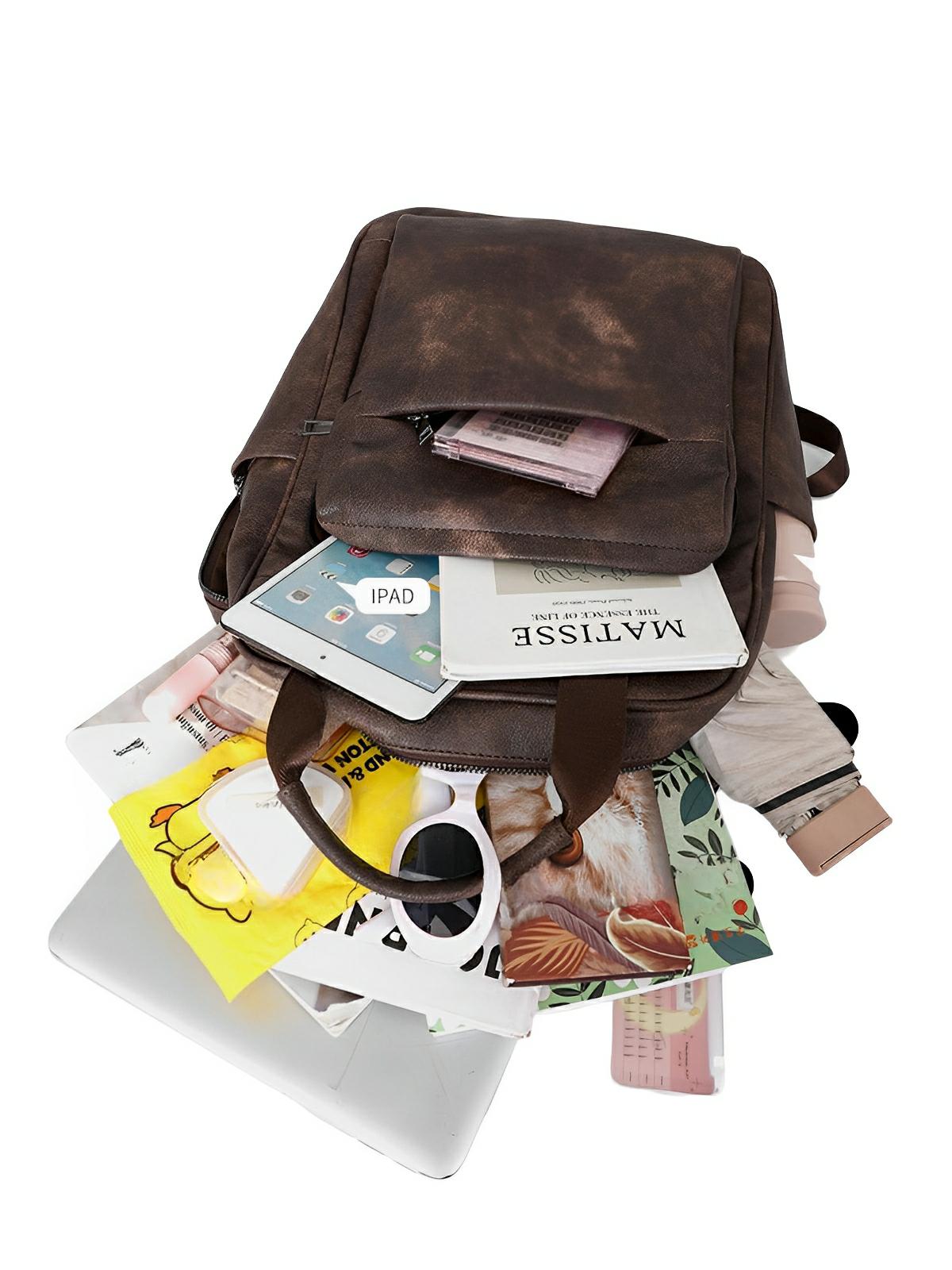 Sac à dos femme grande capacité, simili vegan, multifonctionnel, voyage, urbain, poches multiples, modèle Delphine - Sac à dos - Café