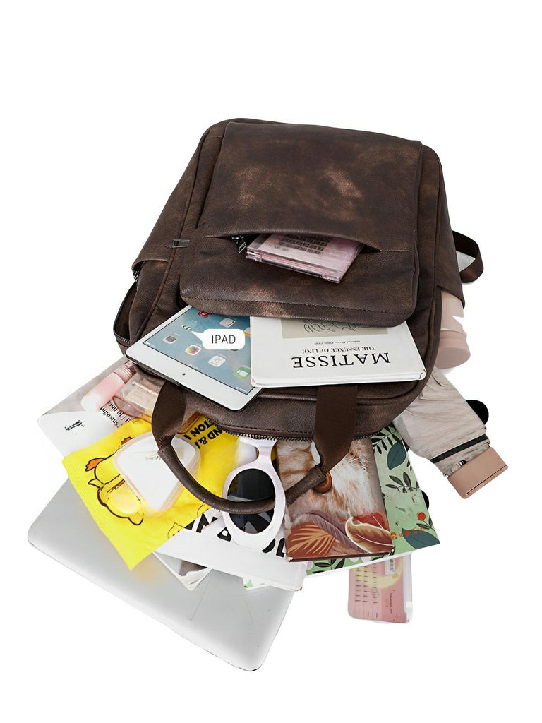 Sac à dos femme grande capacité, simili vegan, multifonctionnel, voyage, urbain, poches multiples, modèle Delphine - Sac à dos - Café