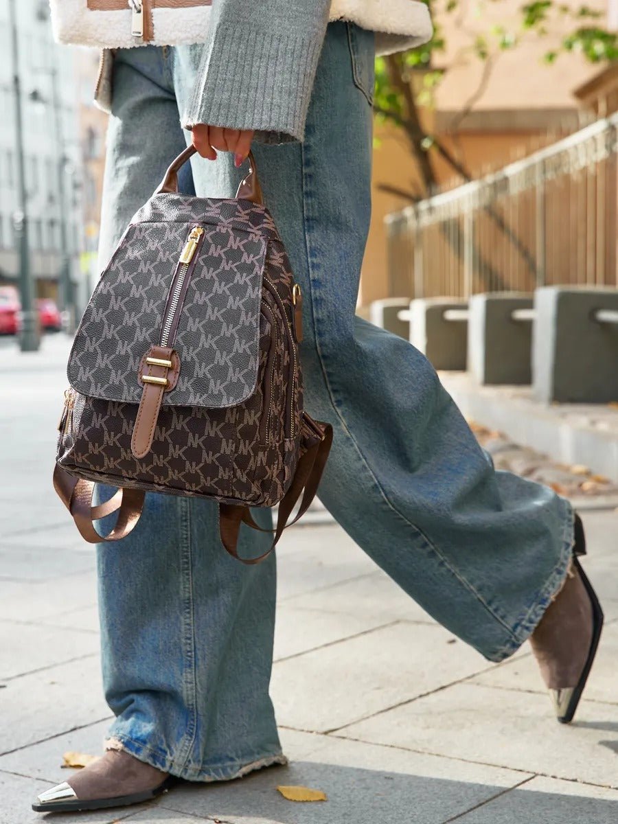 Sac à dos femme, sac à dos urbain PU, sac à dos léger à motif lettré, sac à dos tendance, sac à dos quotidien, modèle Annoncia - Sac à dos - Marron