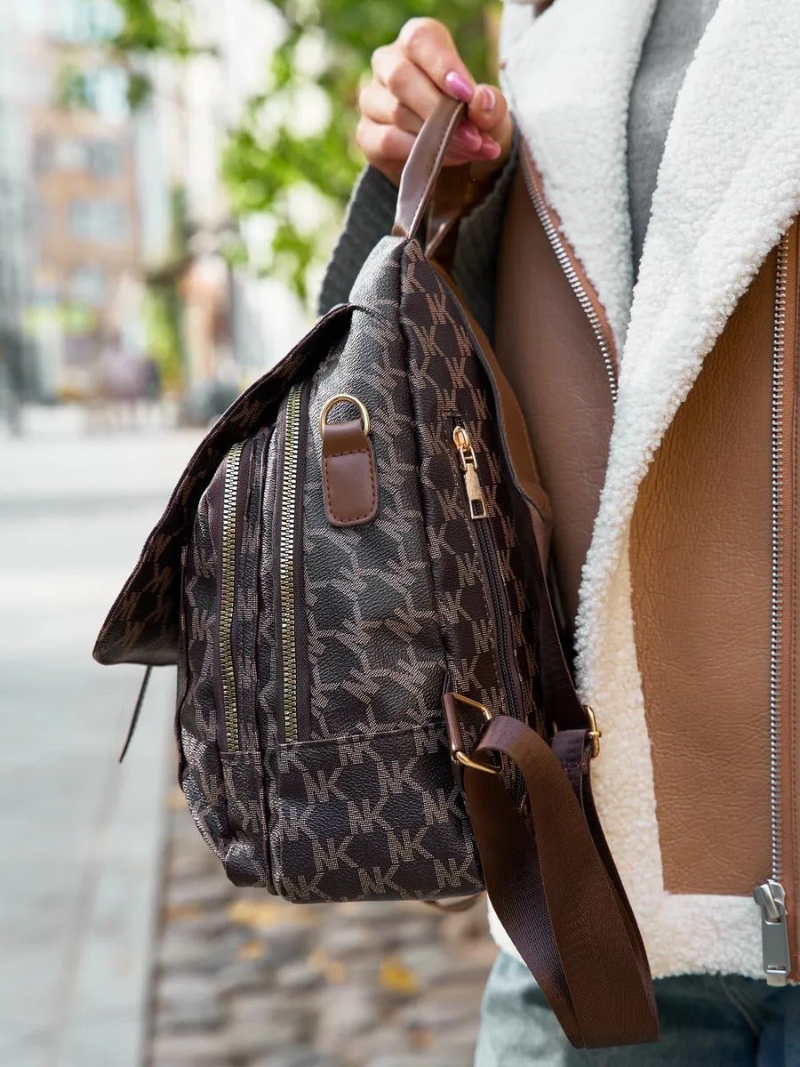 Sac à dos femme, sac à dos urbain PU, sac à dos léger à motif lettré, sac à dos tendance, sac à dos quotidien, modèle Annoncia - Sac à dos - Marron