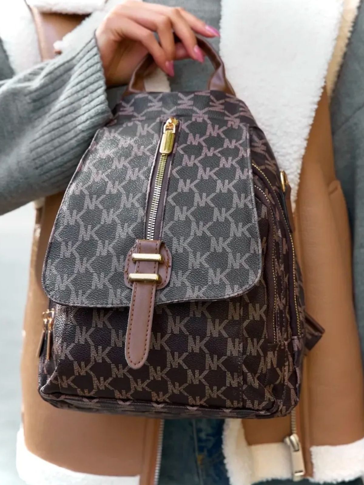 Sac à dos femme, sac à dos urbain PU, sac à dos léger à motif lettré, sac à dos tendance, sac à dos quotidien, modèle Annoncia - Sac à dos - Marron
