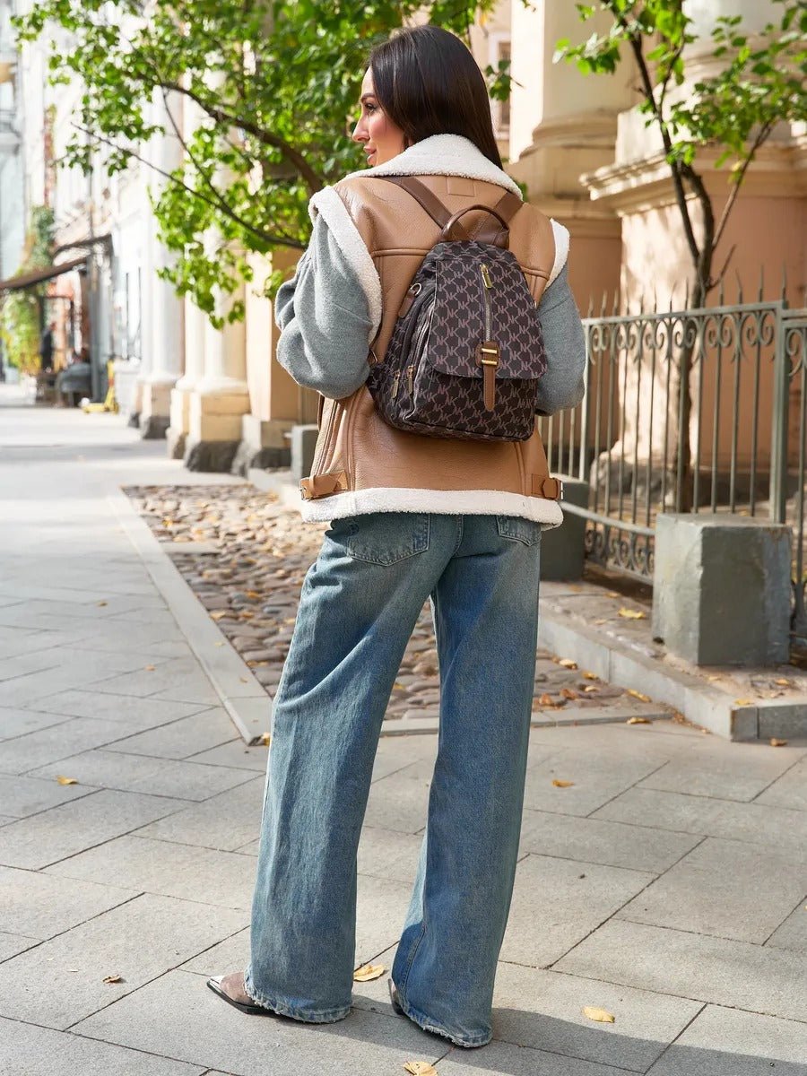 Sac à dos femme, sac à dos urbain PU, sac à dos léger à motif lettré, sac à dos tendance, sac à dos quotidien, modèle Annoncia - Sac à dos - Marron