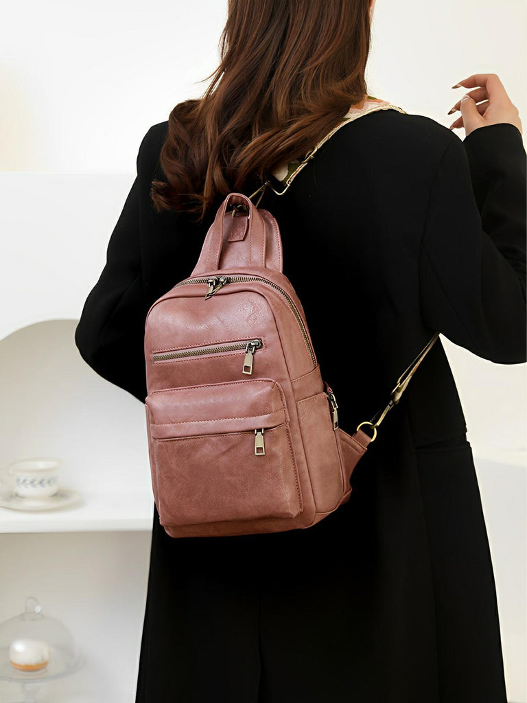 Sac à dos femme, sac bandoulière, design vintage, multi - poches, simili vegan effet, modèle Diana - Sac à dos - Rose