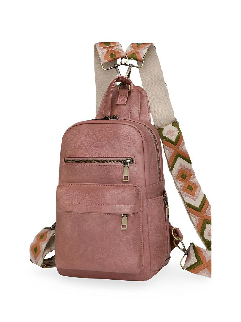 Sac à dos femme, sac bandoulière, design vintage, multi - poches, simili vegan effet, modèle Diana - Sac à dos - Rose