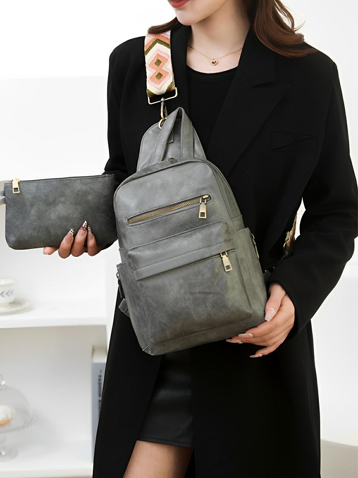Sac à dos femme, sac bandoulière, design vintage, multi - poches, simili vegan effet, modèle Diana - Sac à dos - Gris