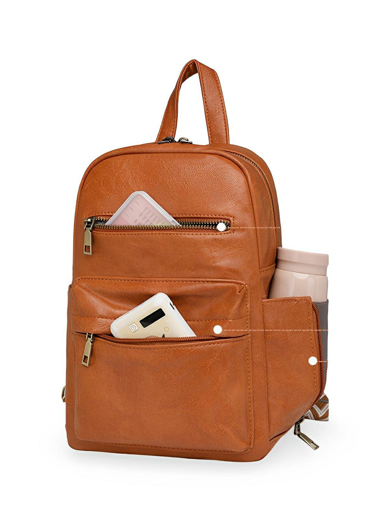 Sac à dos femme, sac bandoulière, design vintage, multi - poches, simili vegan effet, modèle Diana - Sac à dos - Camel