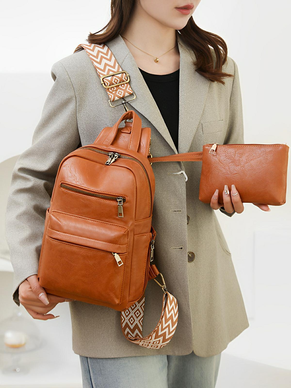 Sac à dos femme, sac bandoulière, design vintage, multi - poches, simili vegan effet, modèle Diana - Sac à dos - Camel