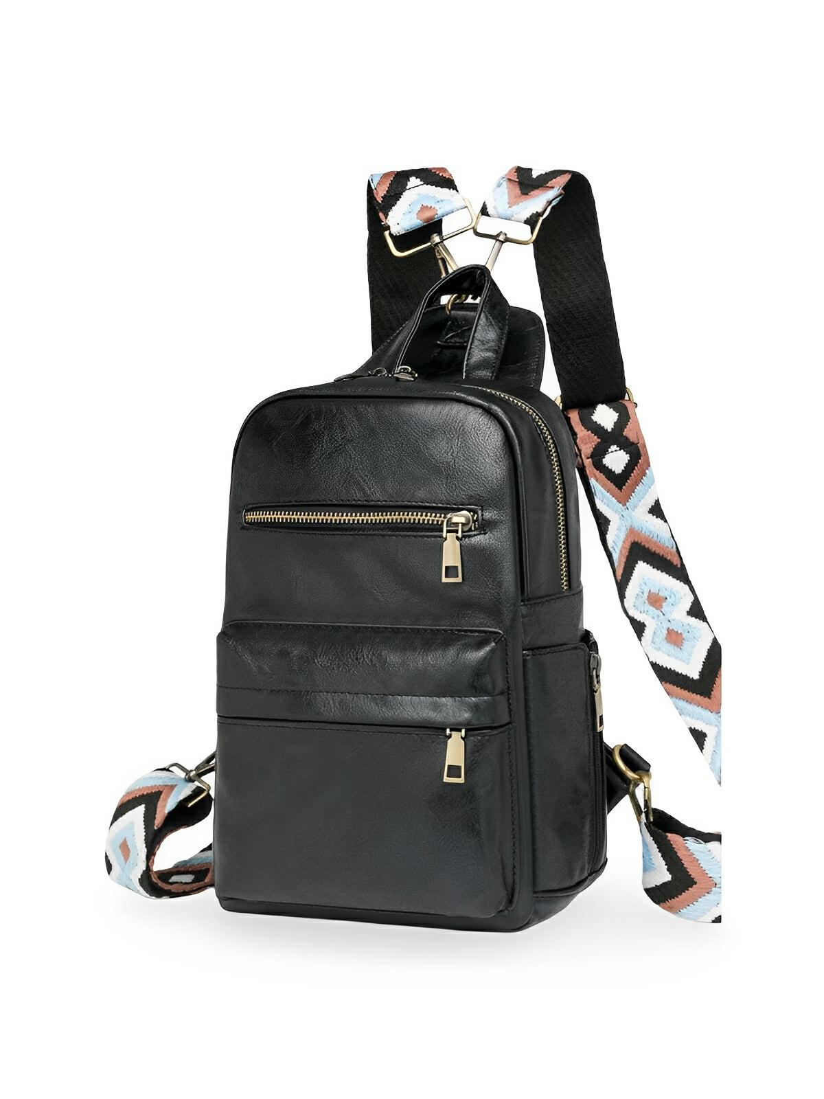 Sac à dos femme, sac bandoulière, design vintage, multi - poches, simili vegan effet, modèle Diana - Sac à dos - Noir