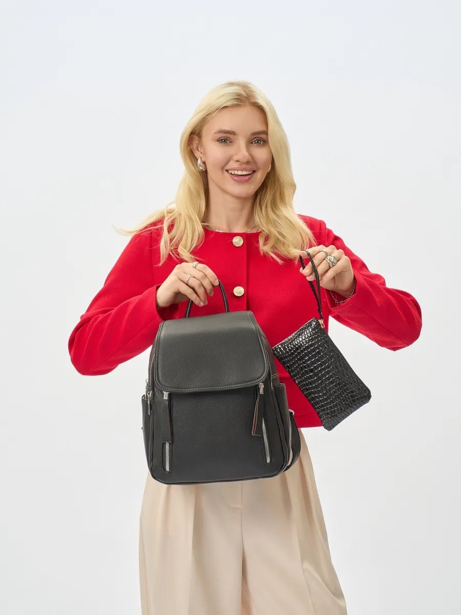 Sac à dos femme, sac PU, petit format, compartiment ordinateur, résistant, usage quotidien, modèle Floride - Sac à dos - Noir