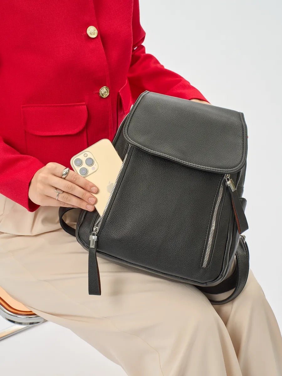 Sac à dos femme, sac PU, petit format, compartiment ordinateur, résistant, usage quotidien, modèle Floride - Sac à dos - Noir
