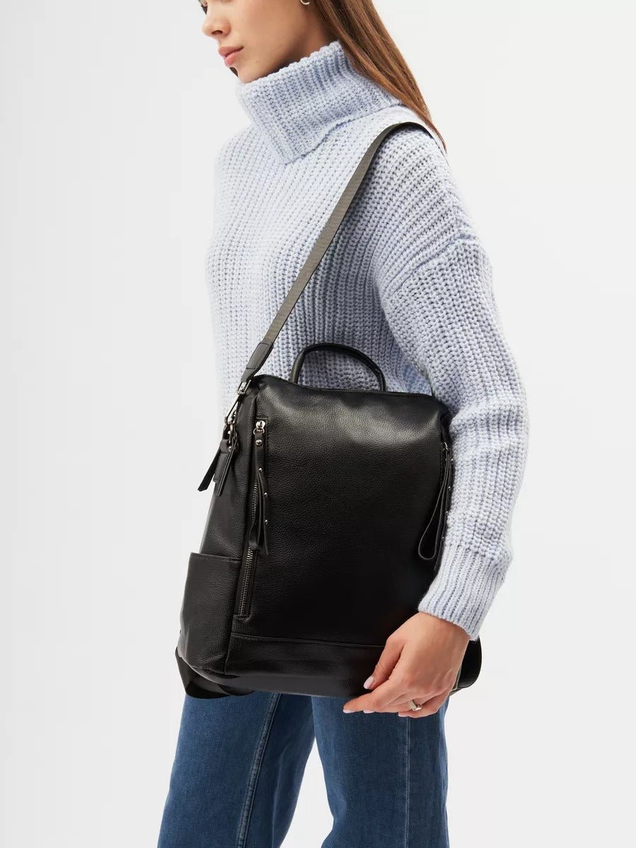 Sac à dos femme, sac transformable, grand sac noir, sac à main bandoulière, sac multiporté urbain, modèle Cesarie - Sac à dos - Noir