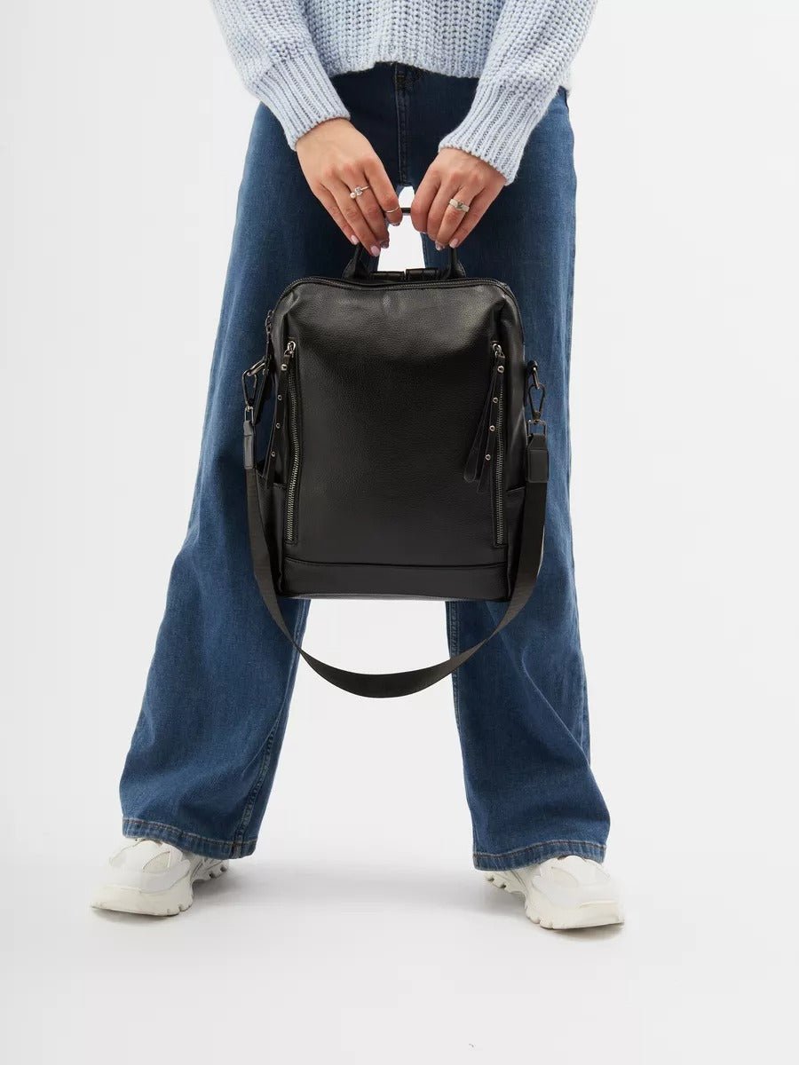 Sac à dos femme, sac transformable, grand sac noir, sac à main bandoulière, sac multiporté urbain, modèle Cesarie - Sac à dos - Noir