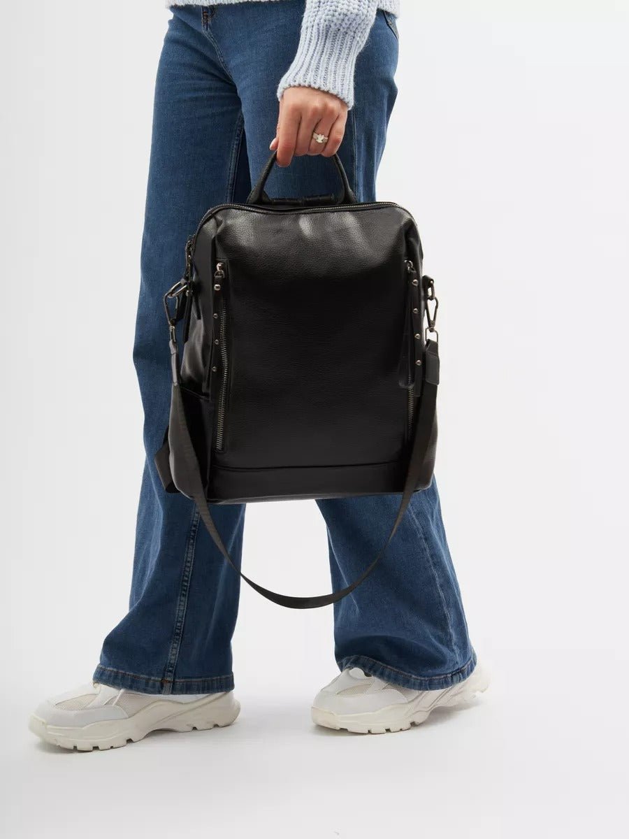 Sac à dos femme, sac transformable, grand sac noir, sac à main bandoulière, sac multiporté urbain, modèle Cesarie - Sac à dos - Noir