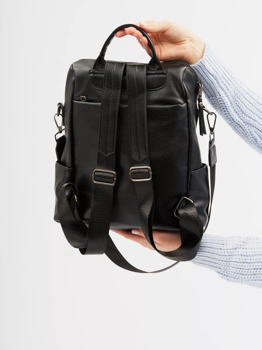 Sac à dos femme, sac transformable, grand sac noir, sac à main bandoulière, sac multiporté urbain, modèle Cesarie - Sac à dos - Noir