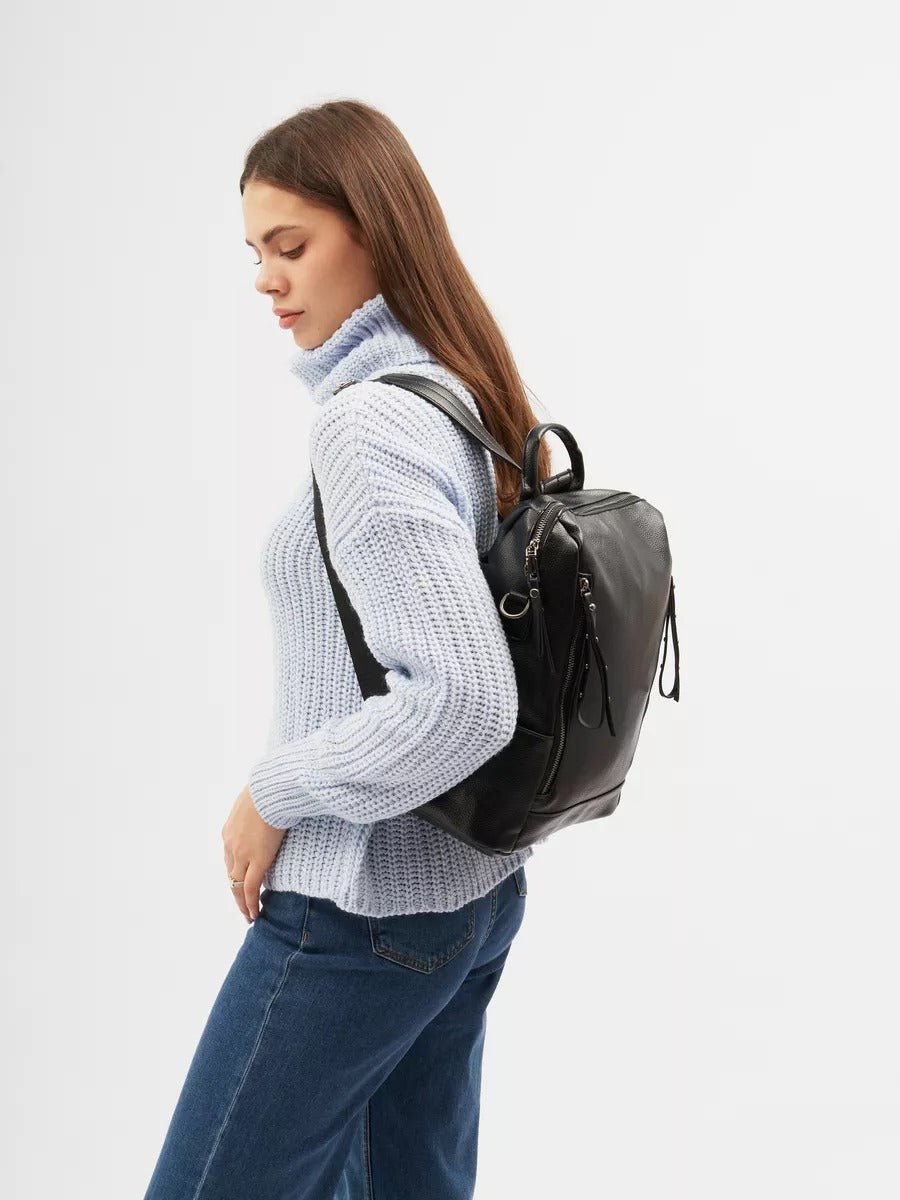 Sac à dos femme, sac transformable, grand sac noir, sac à main bandoulière, sac multiporté urbain, modèle Cesarie - Sac à dos - Noir