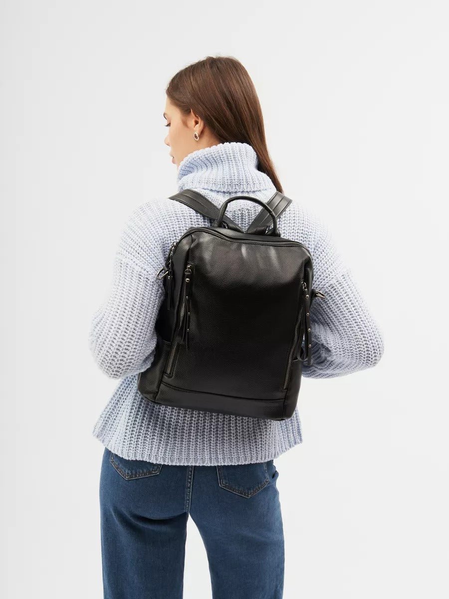 Sac à dos femme, sac transformable, grand sac noir, sac à main bandoulière, sac multiporté urbain, modèle Cesarie - Sac à dos - Noir