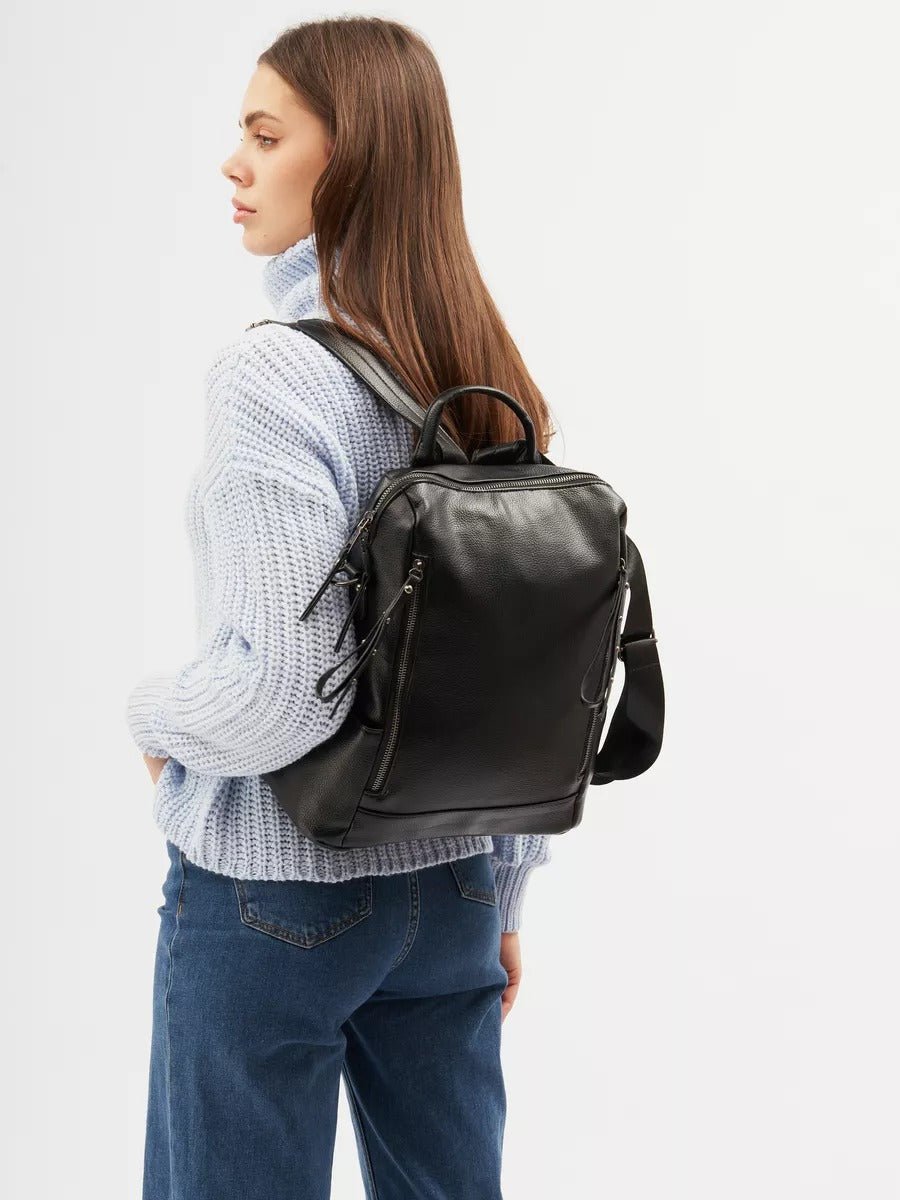 Sac à dos femme, sac transformable, grand sac noir, sac à main bandoulière, sac multiporté urbain, modèle Cesarie - Sac à dos - Noir