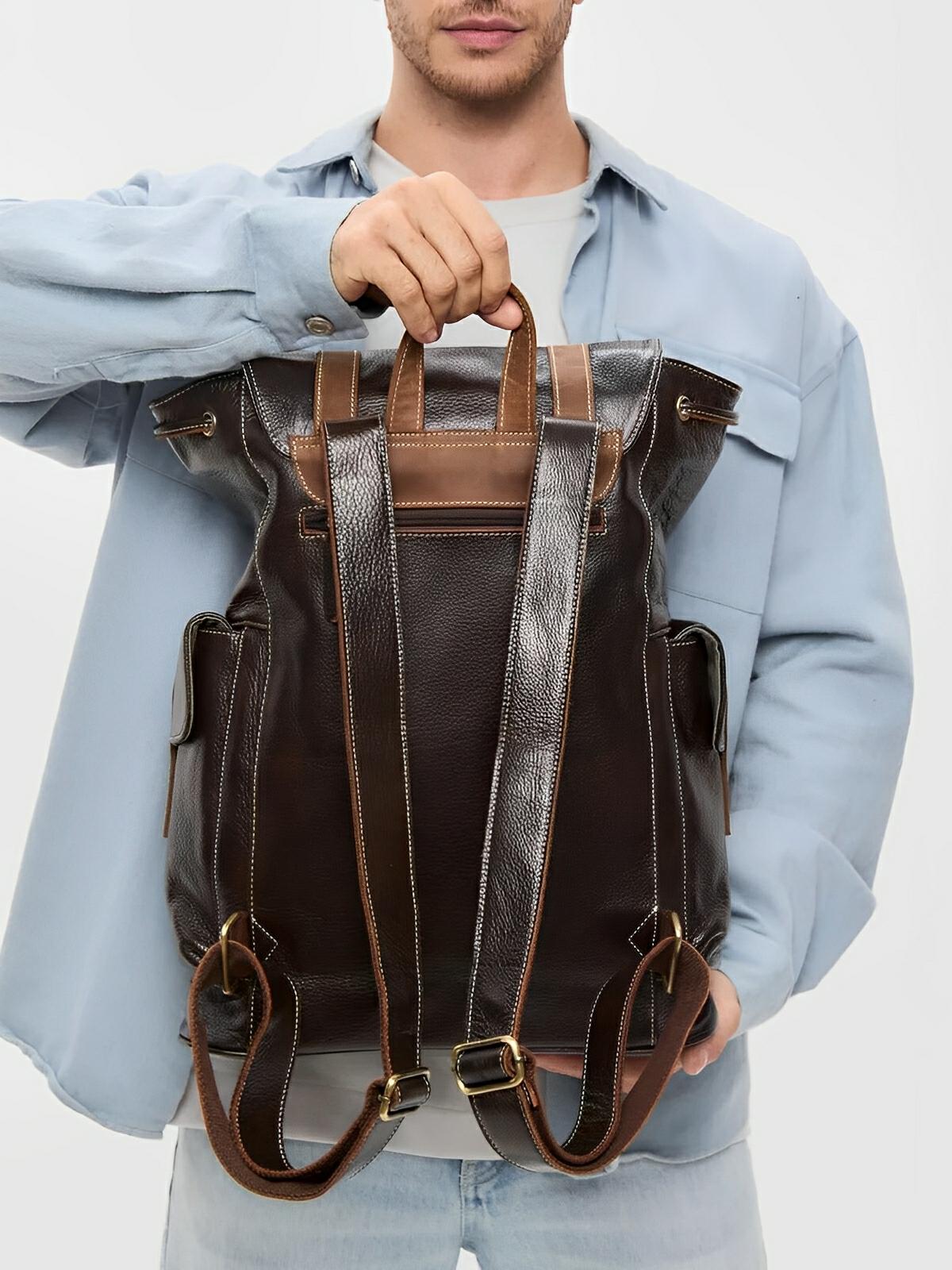 Sac à dos homme en cuir, imperméable, avec compartiment pour ordinateur, style urbain, modèle Hélios - Sac à dos - Café