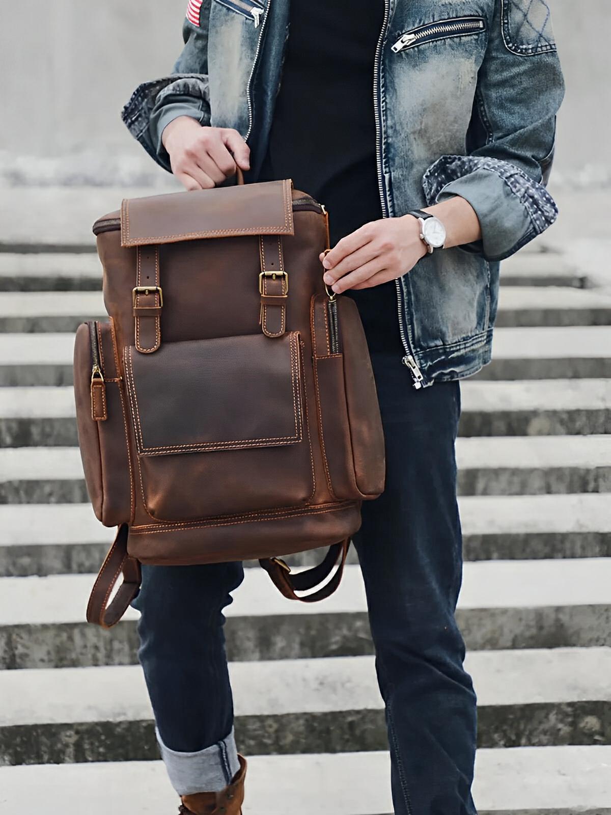Sac à dos homme en cuir véritable, vintage, à grande capacité, idéal pour des voyages, modèle Rodrigue - Sac à dos - Marron