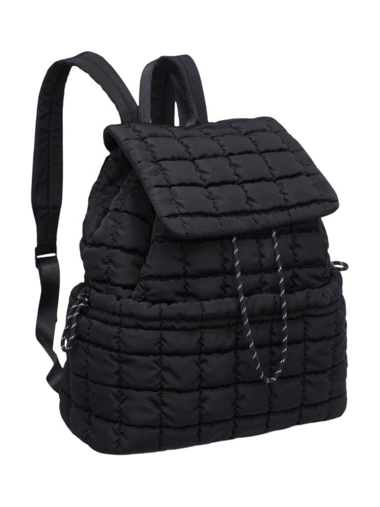 Sac à dos matelassé noir, grand format léger, fermeture lacet et rabat, nylon recyclé, usage quotidien ou voyage, modèle Velta - Sac à dos - Noir